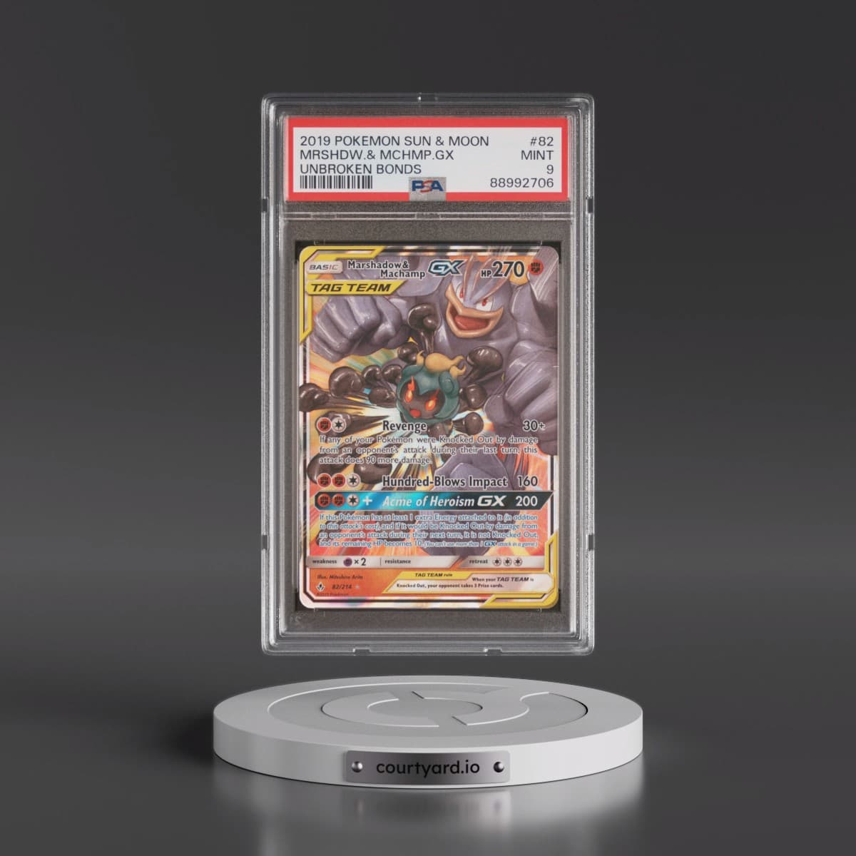 2019 Pokémon Sun & Moon Unbroken Bonds #82 Marshadow & Machamp GX - Holo (PSA 9 MINT)