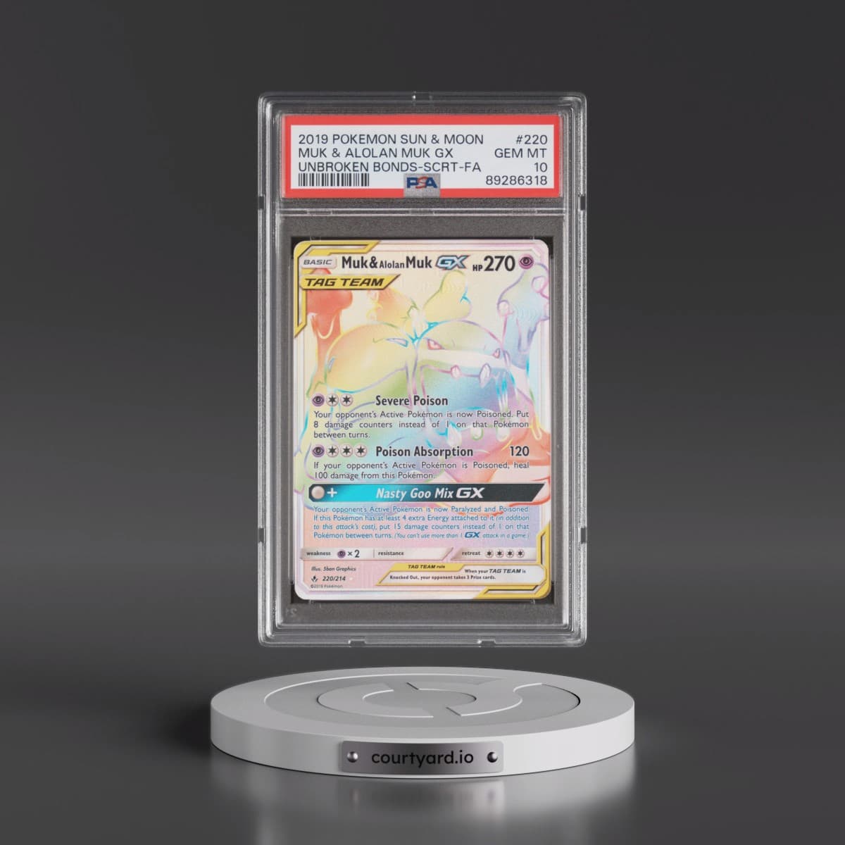 2019 Pokémon Sun & Moon Unbroken Bonds #220 Muk & Alolan Muk GX - Holo Full Art Secret (PSA 10 GEM MINT)