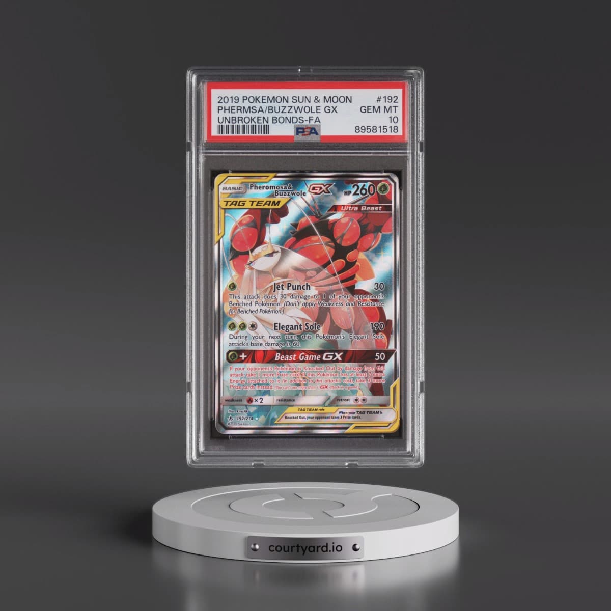 2019 Pokémon Sun & Moon Unbroken Bonds #192 Pheromosa & Buzzwole GX - Holo Full Art (PSA 10 GEM MINT)