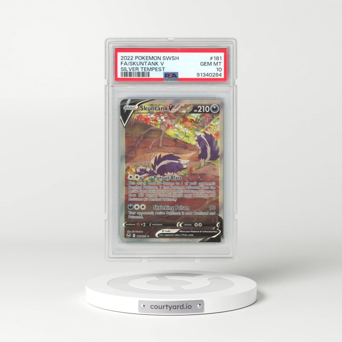 2022 Pokémon Sword & Shield Silver Tempest #181 Skuntank V - Holo Full Art (PSA 10 GEM MINT)