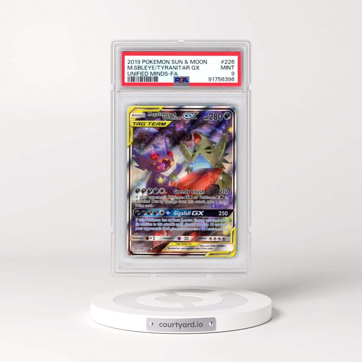 2019 Pokémon Sun & Moon Unified Minds #226 Mega Sableye & Tyranitar GX - Holo Full Art (PSA 9 MINT)