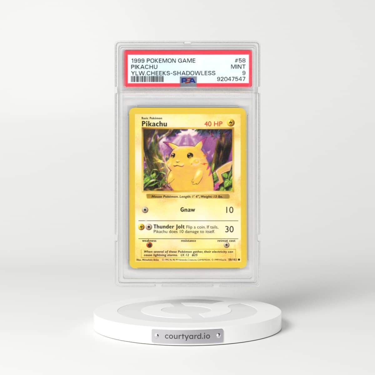 1999 Base Set #58 Pikachu - Shadowless Shadowless (Yellow Cheeks) (PSA 9 MINT)