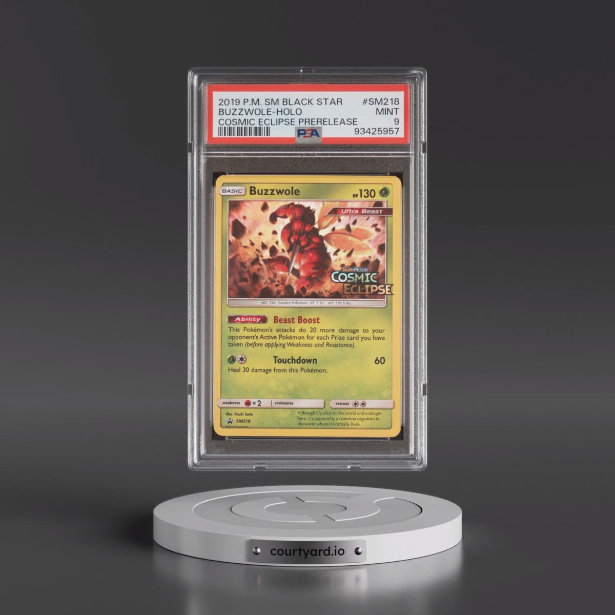 2019 Pokémon SM Black Star Promo #SM218 Buzzwole - Holo Cosmic Eclipse Prerelease (PSA 9 MINT)