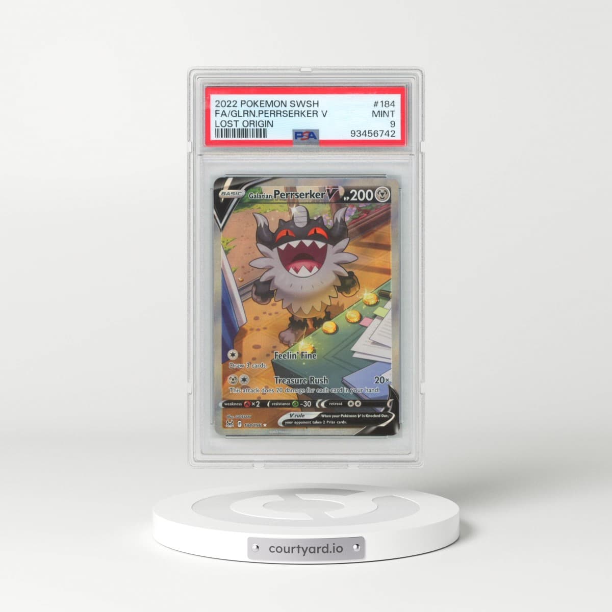 2022 Pokémon Sword & Shield Lost Origin #184 Galarian Perrserker V - Holo Full Art (PSA 9 MINT)