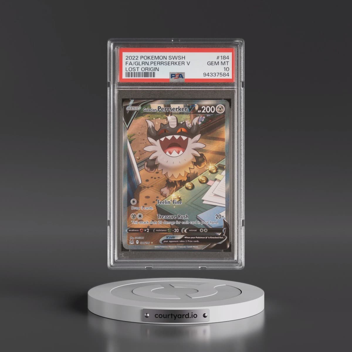 2022 Pokémon Sword & Shield Lost Origin #184 Galarian Perrserker V - Holo Full Art (PSA 10 GEM MINT)
