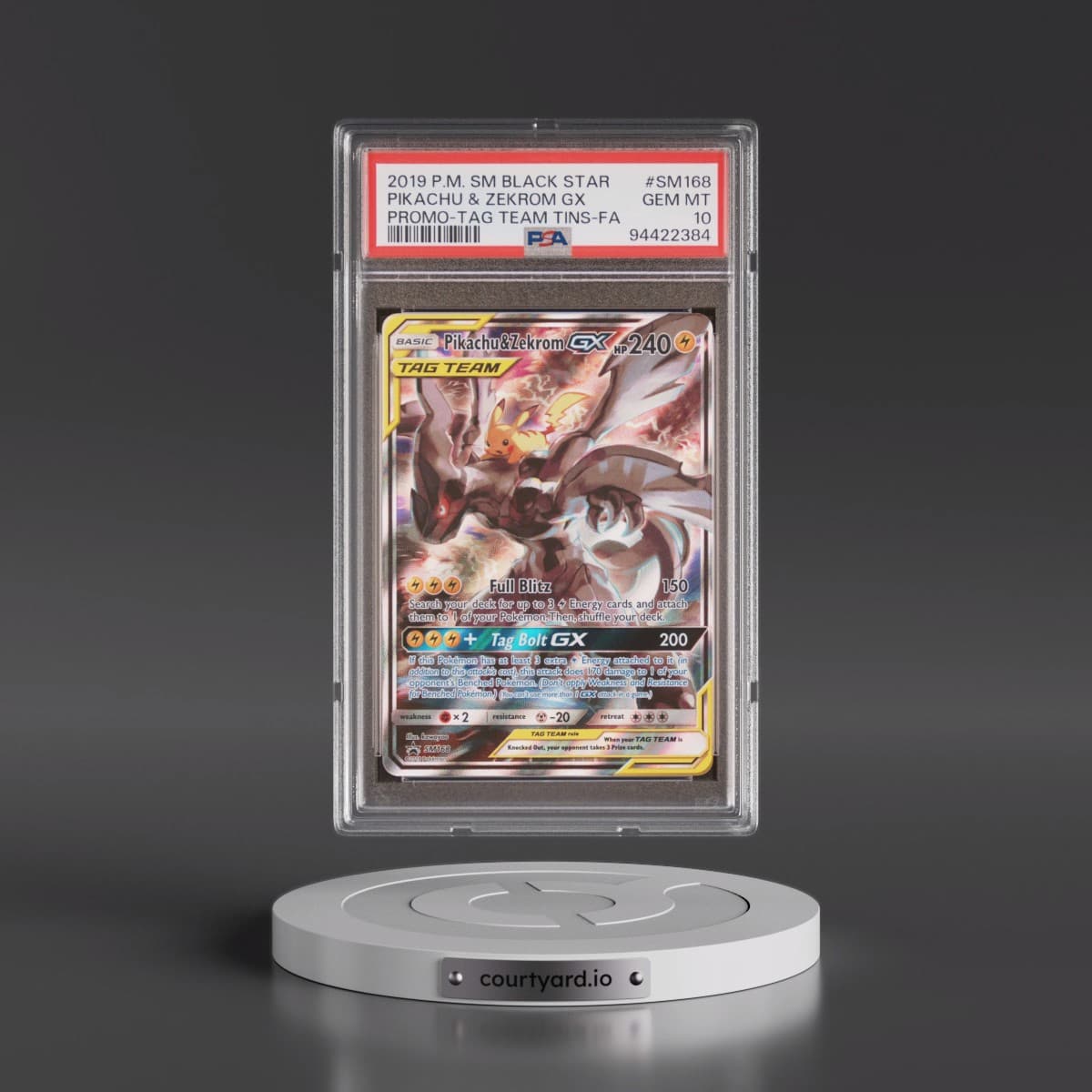 2019 Pokémon SM Black Star Promo #SM168 Pikachu & Zekrom GX - Holo Full Art Tag Team Tins (PSA 10 GEM MINT)
