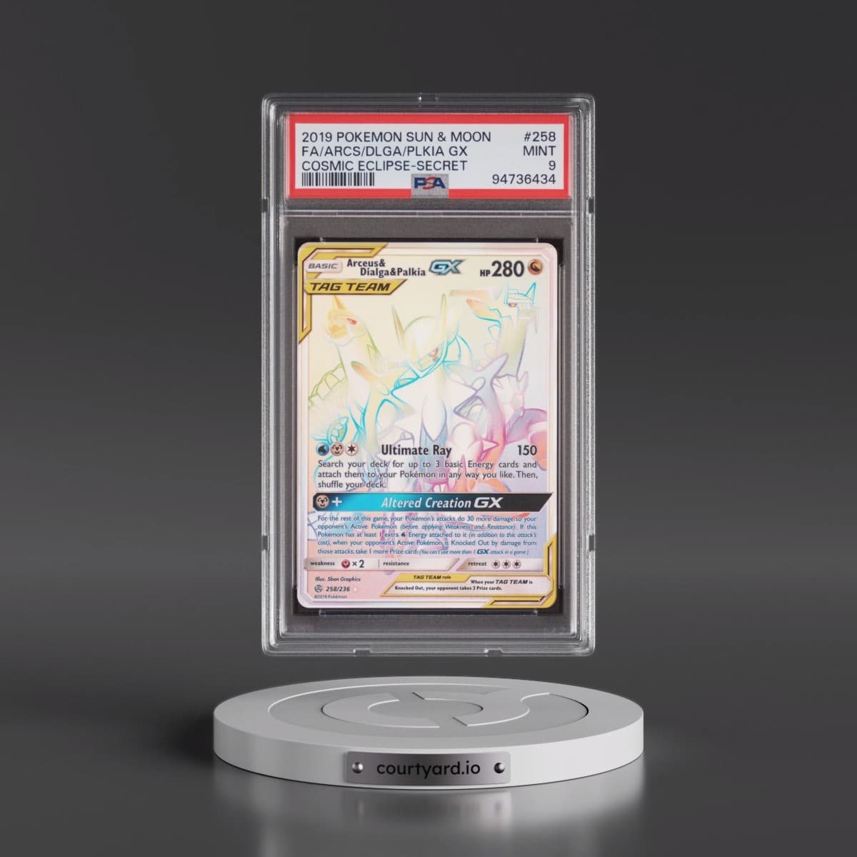 2019 Pokémon Sun & Moon Cosmic Eclipse #258 Arceus & Dialga & Palkia GX - Holo Full Art Secret (PSA 9 MINT)