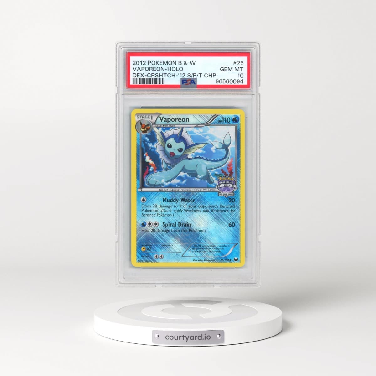 2012 Pokémon Black & White Dark Explorers #25 Vaporeon - Holo Crosshatch-2012 State/Province/Territory Championships (PSA 10 GEM MINT)