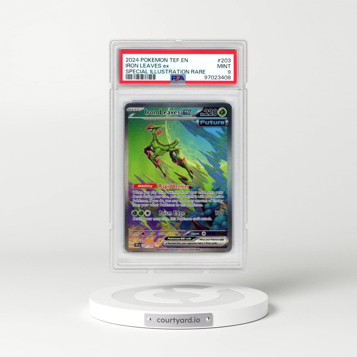 2024 Pokémon Tef EN-Temporal Forces #203 Iron Leaves EX - Holo Special Illustration Rare (PSA 9 MINT)