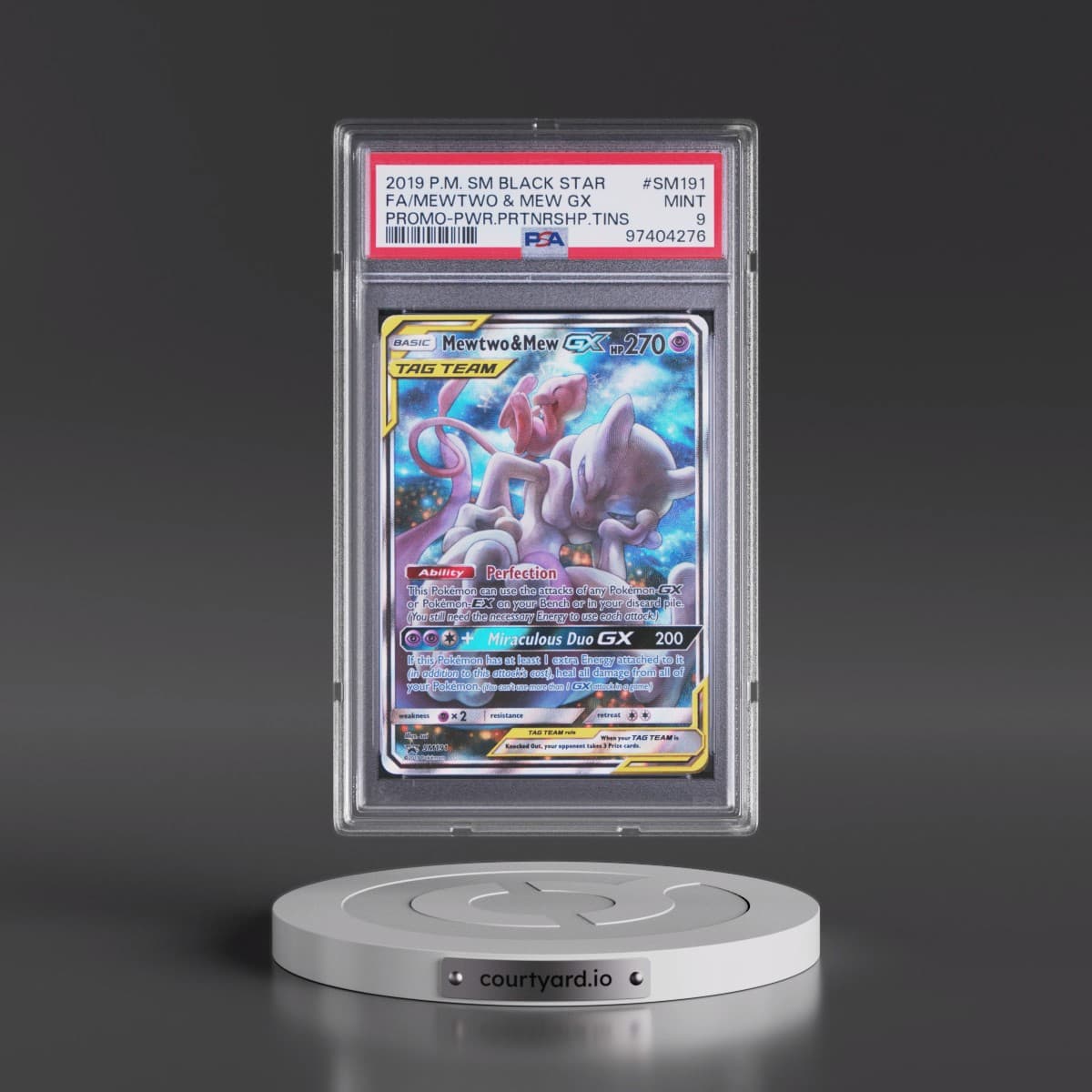 2019 Pokémon SM Black Star Promo #SM191 Mewtwo & Mew GX - Holo Full Art Power Partnership Tins (PSA 9 MINT)