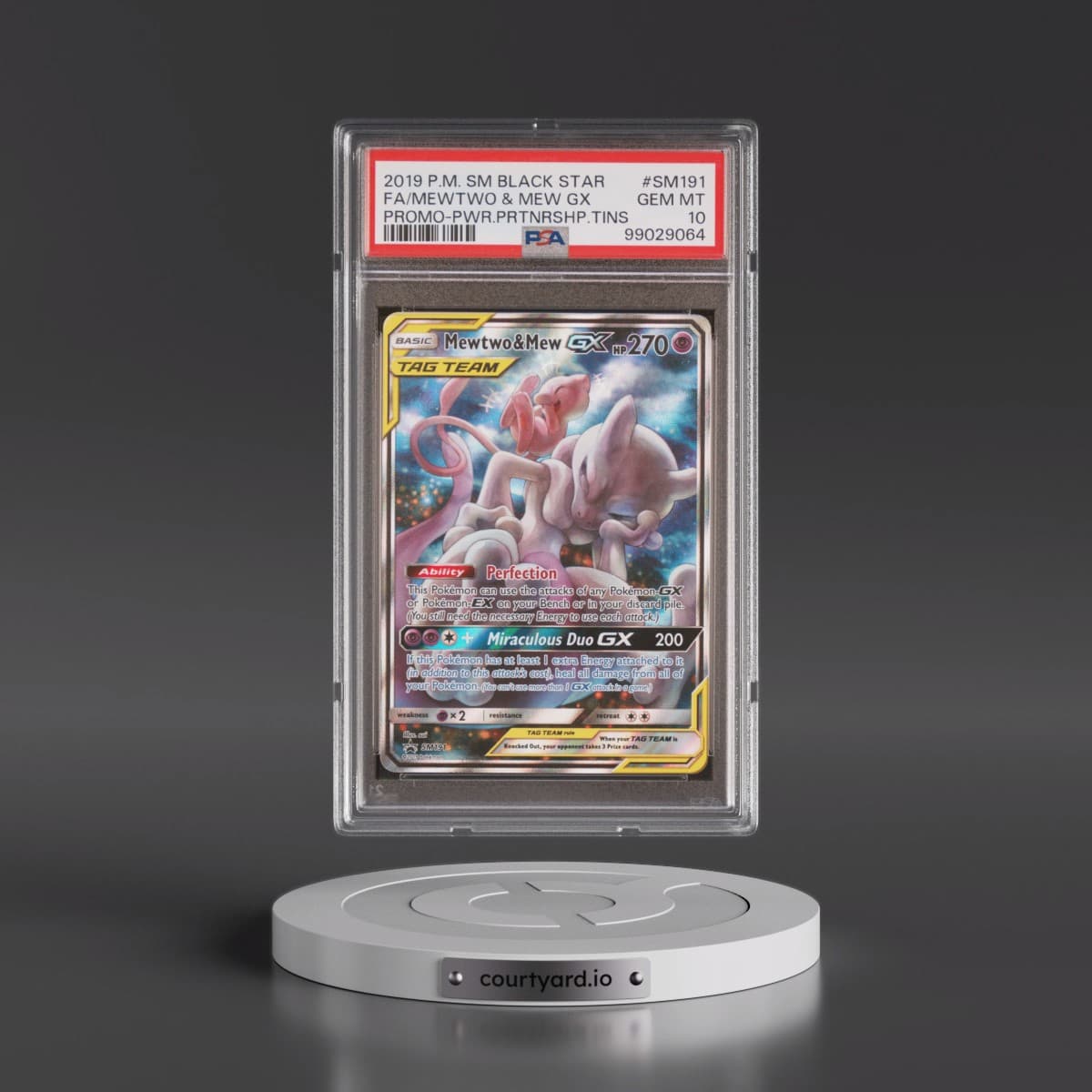 2019 Pokémon SM Black Star Promo #SM191 Mewtwo & Mew GX - Holo Full Art Power Partnership Tins (PSA 10 GEM MINT)