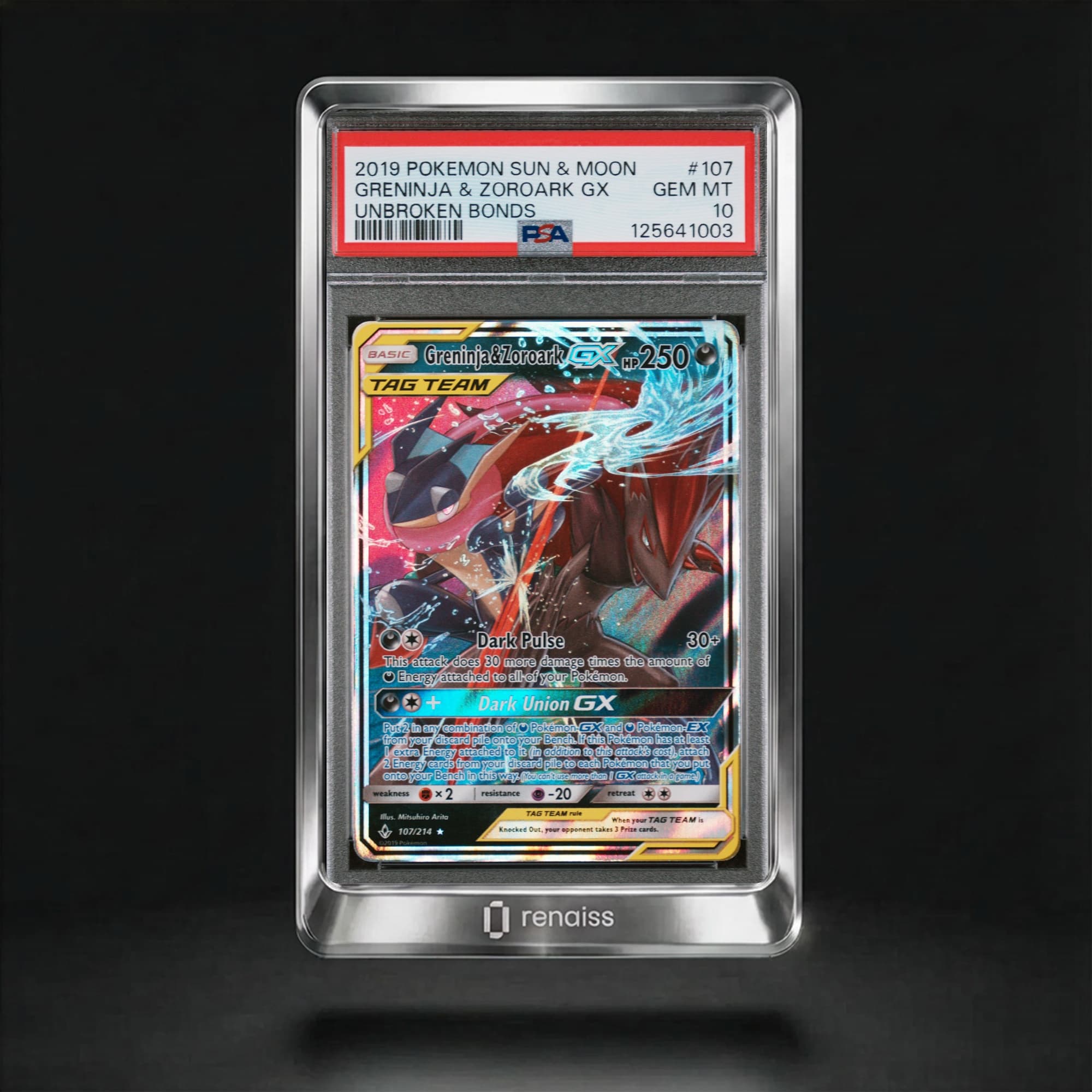 PSA 10 Gem Mint 2019 Pokemon Sun & Moon Unbroken Bonds #107 Greninja & Zoroark Gx
