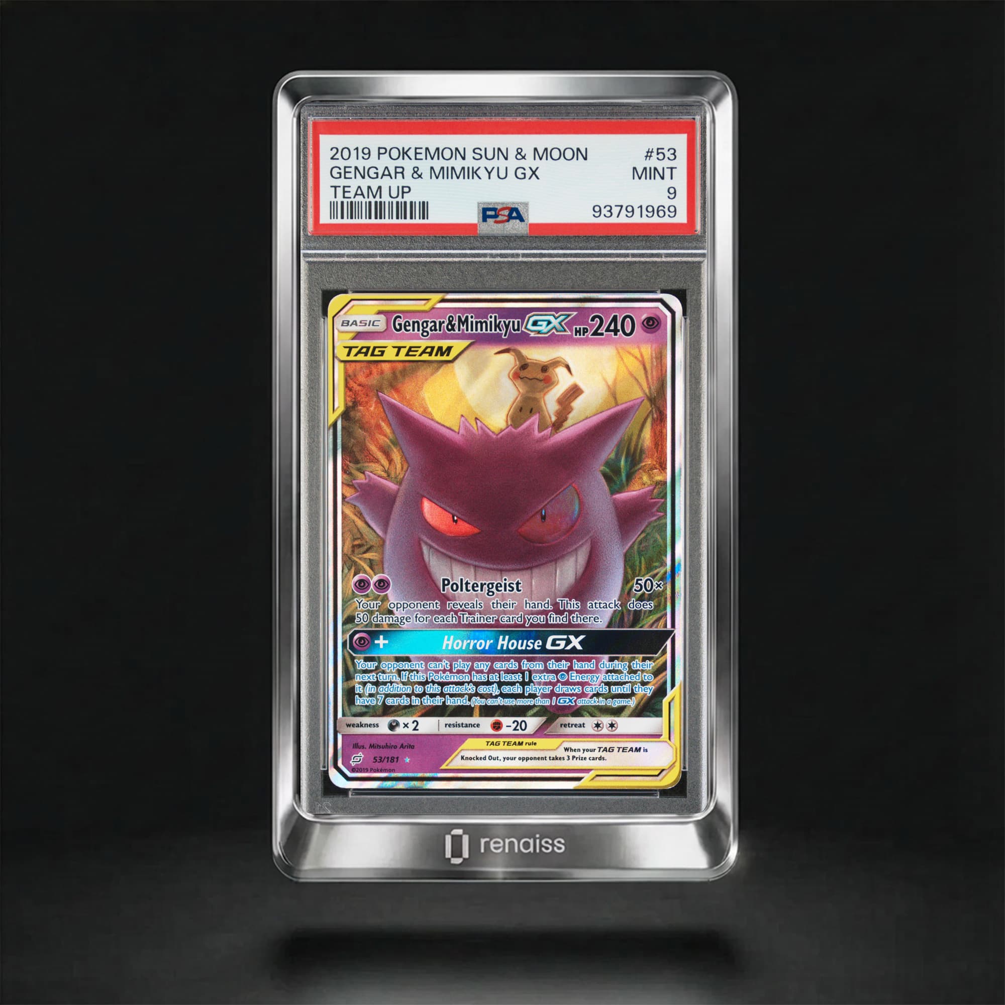 PSA 9 Mint 2019 Pokemon Sun & Moon Team Up #53 Gengar & Mimikyu Gx