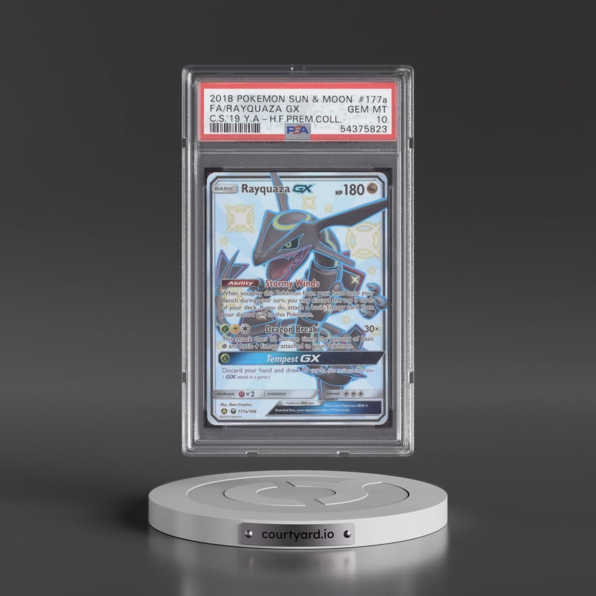 2018 Pokémon Sun & Moon Celestial Storm #177a Rayquaza GX - Holo Full Art 2019 Yellow A Hidden Fates Premium Collection (PSA 10 GEM MINT)